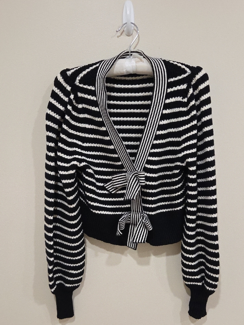 Express Black & White Striped Tie-Front Cardigan